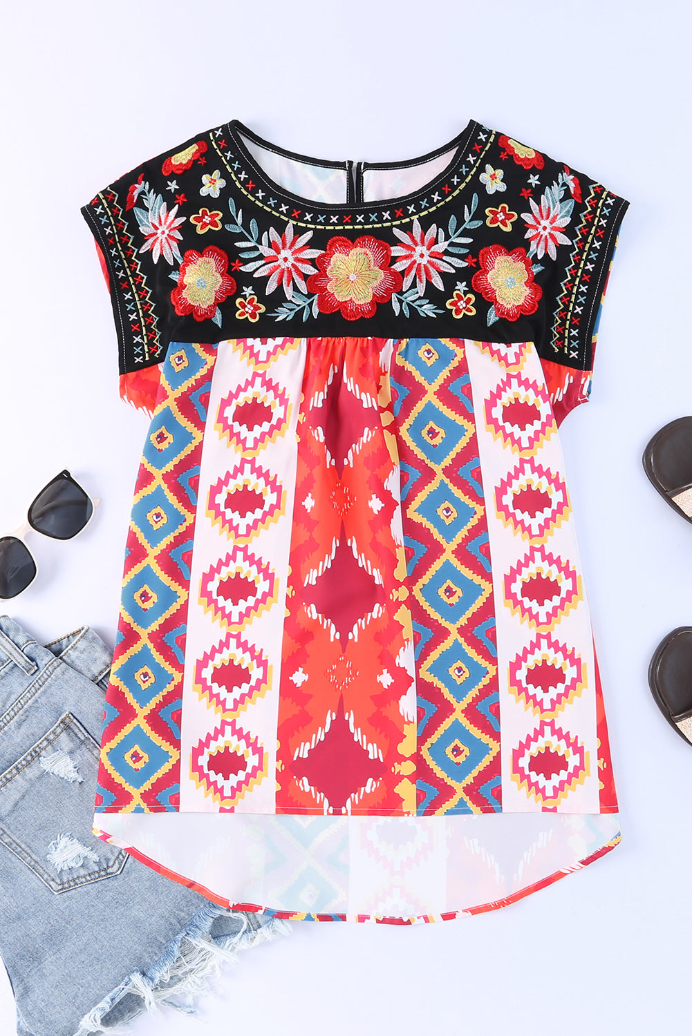 Boho Embroidered Short Sleeve Top