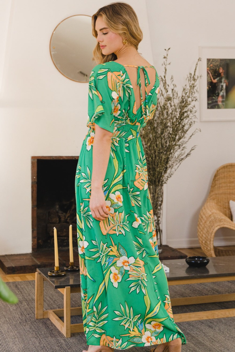 Tropical Floral Smocked Tied Back Maxi Dress