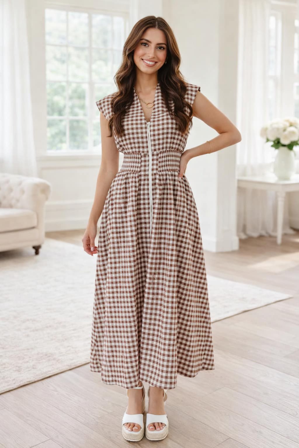 Gingham Plaid Zipped Cinched Waist Maxi Dress