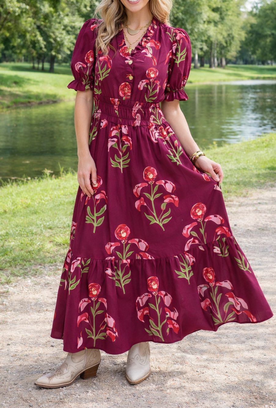 Floral Frilled V-Neck Ruffle Maxi Dress