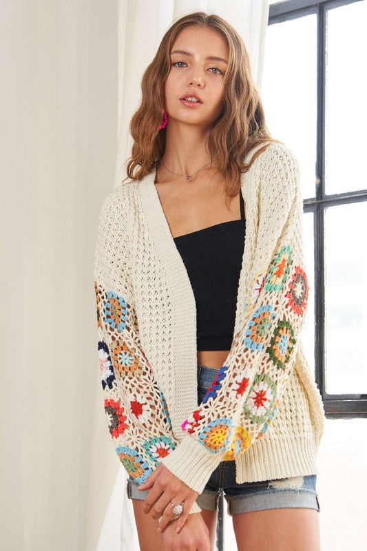 Boho Crochet Long Sleeve Cardigan in Ivory