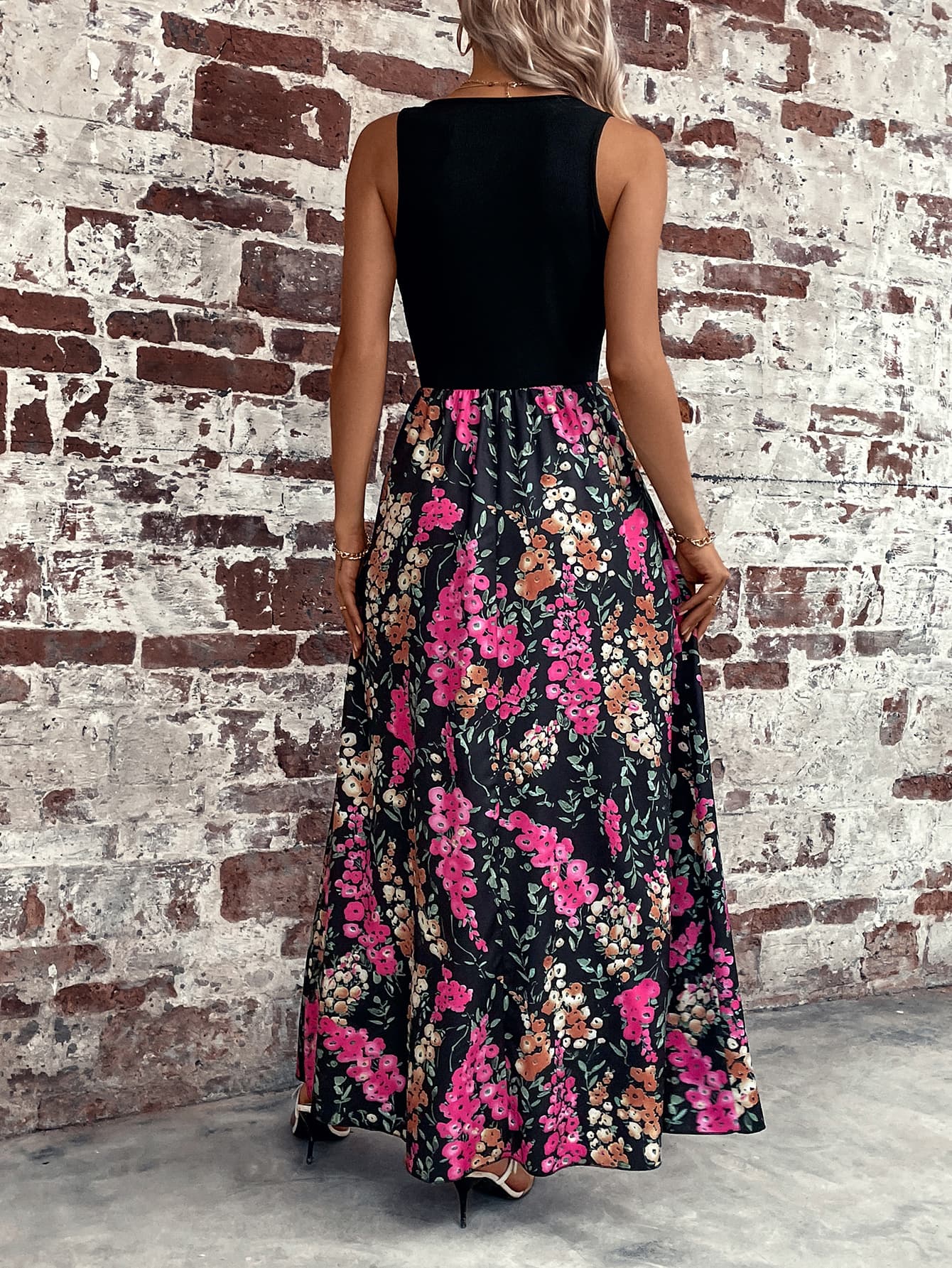 Floral Color Block Sleeveless Maxi Dress