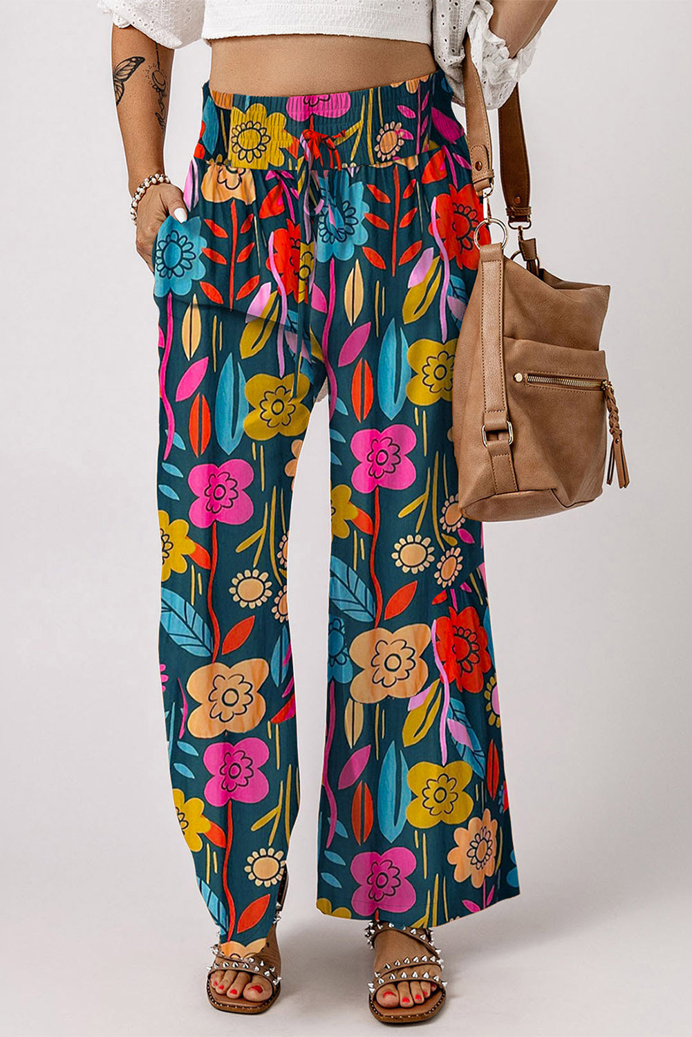 Retro Floral Smocked Wide Leg Pants