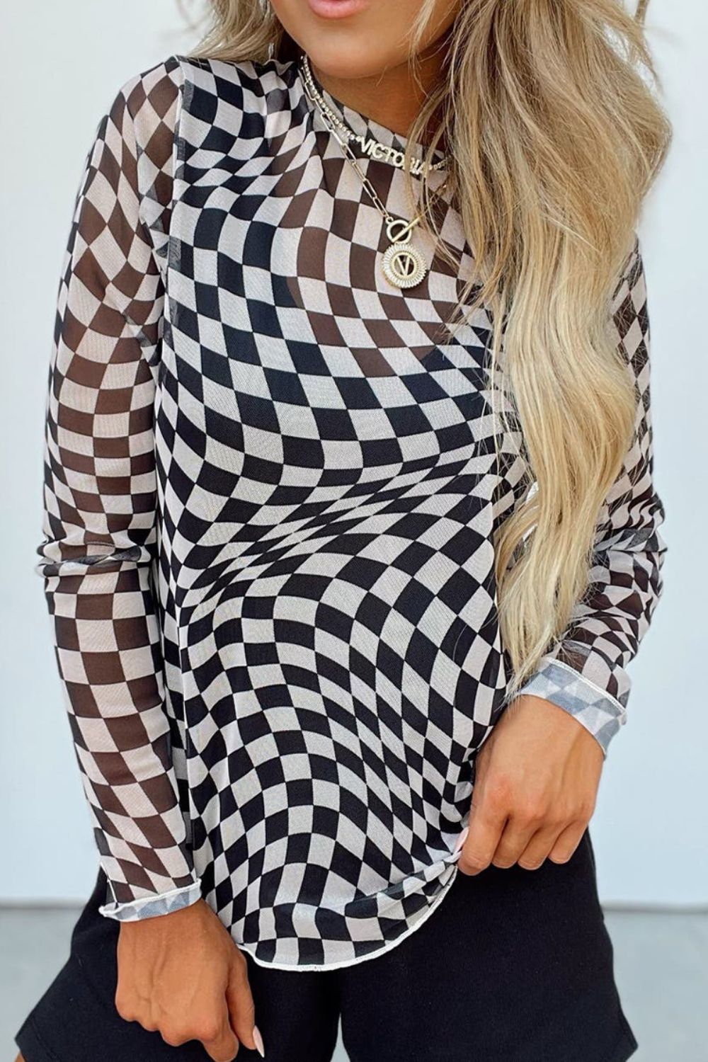 Checkered Mesh Mock Neck Top - 3 Color Options