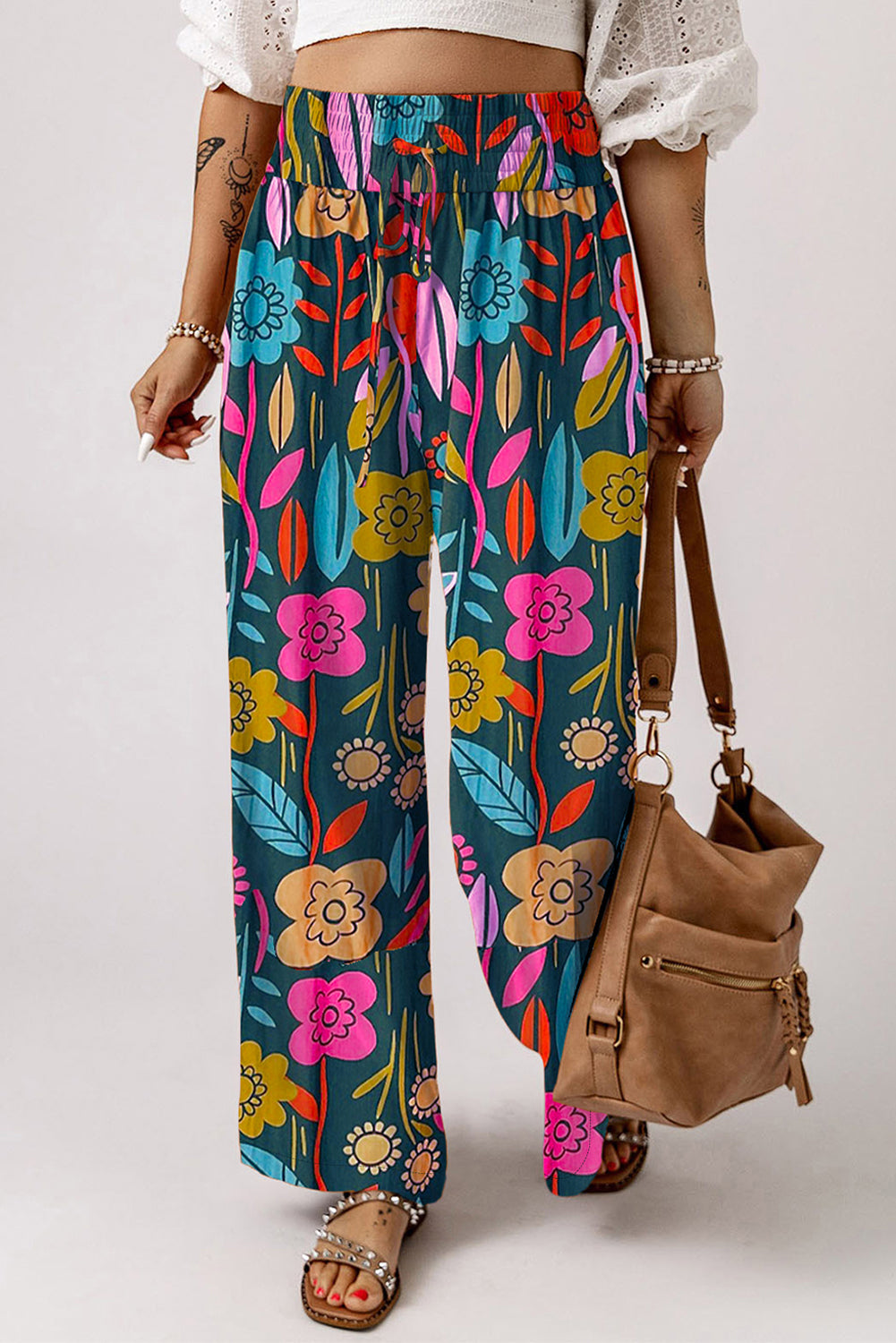Retro Floral Smocked Wide Leg Pants