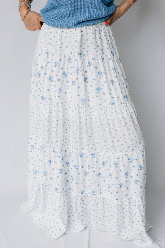 Blue Floral Boho Tiered Skirt
