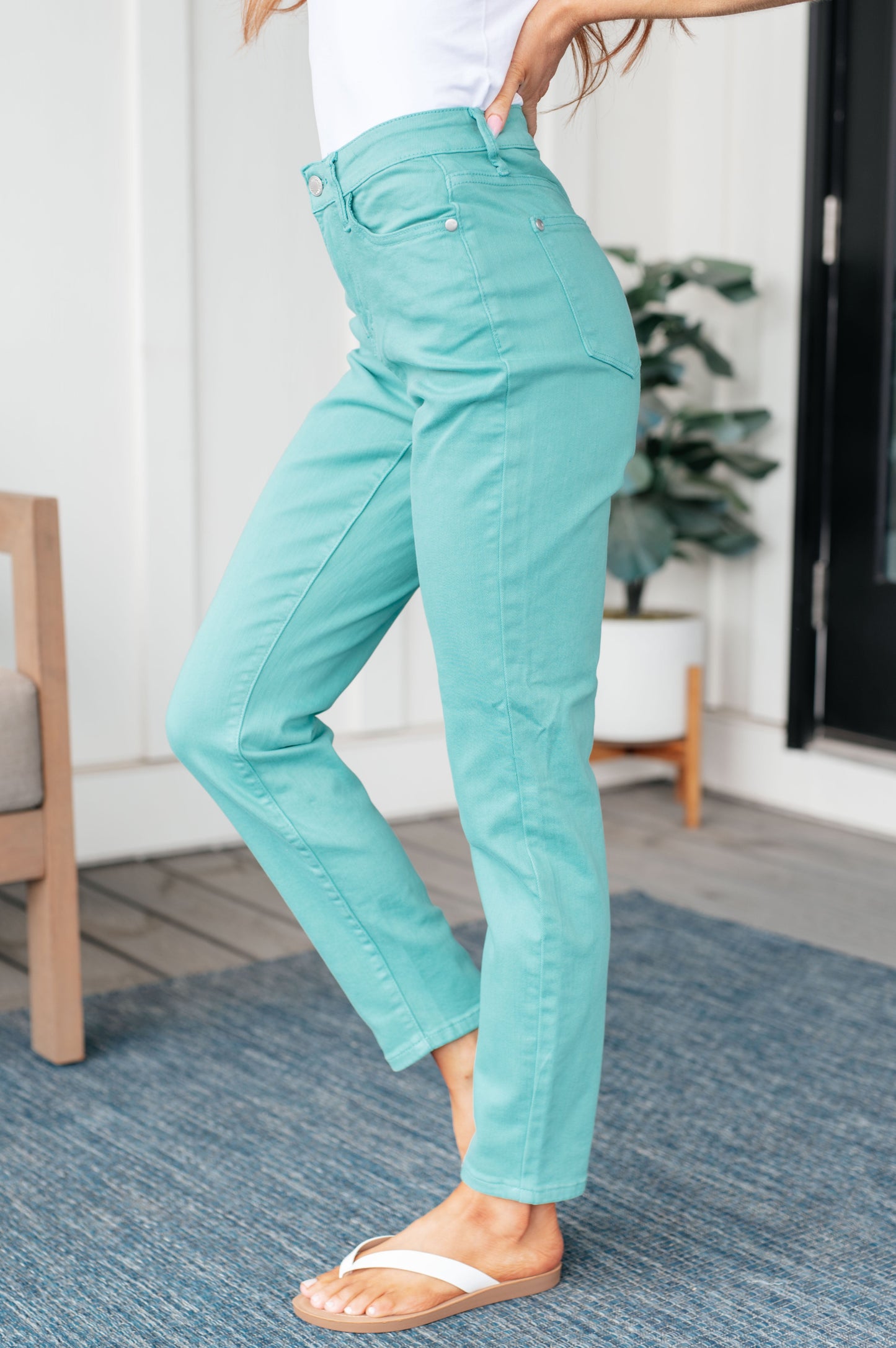 Judy Blue 29" Bridgette High Rise Garment Dyed Slim Jeans in Aquamarine