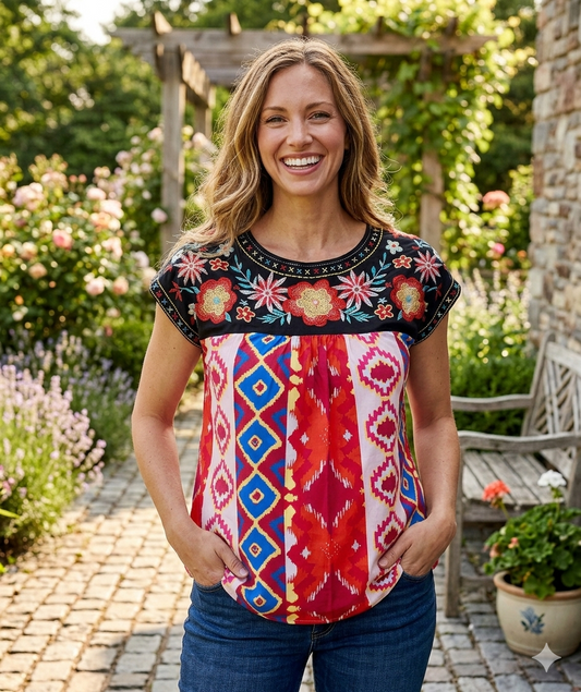 Boho Embroidered Short Sleeve Top