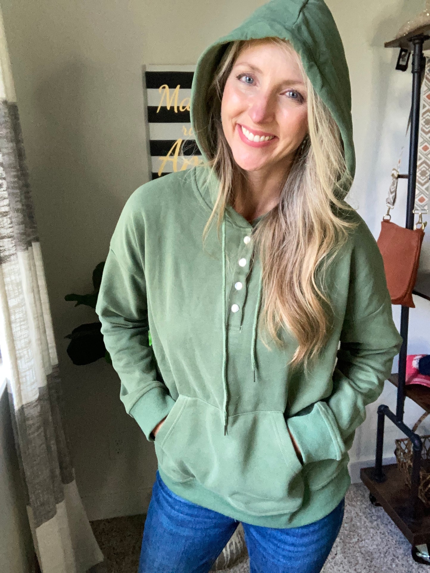 Snap Placket Soft Hoodie in Matcha Green