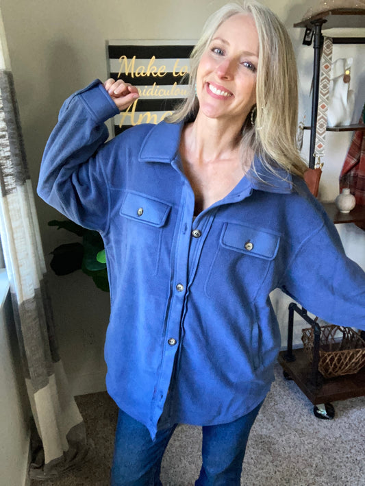 Cozy Girl Fleece Button Down Shacket - Blue