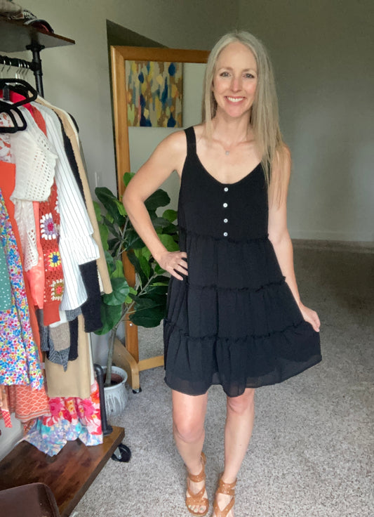 Tiered Chiffon Swing Dress in Black