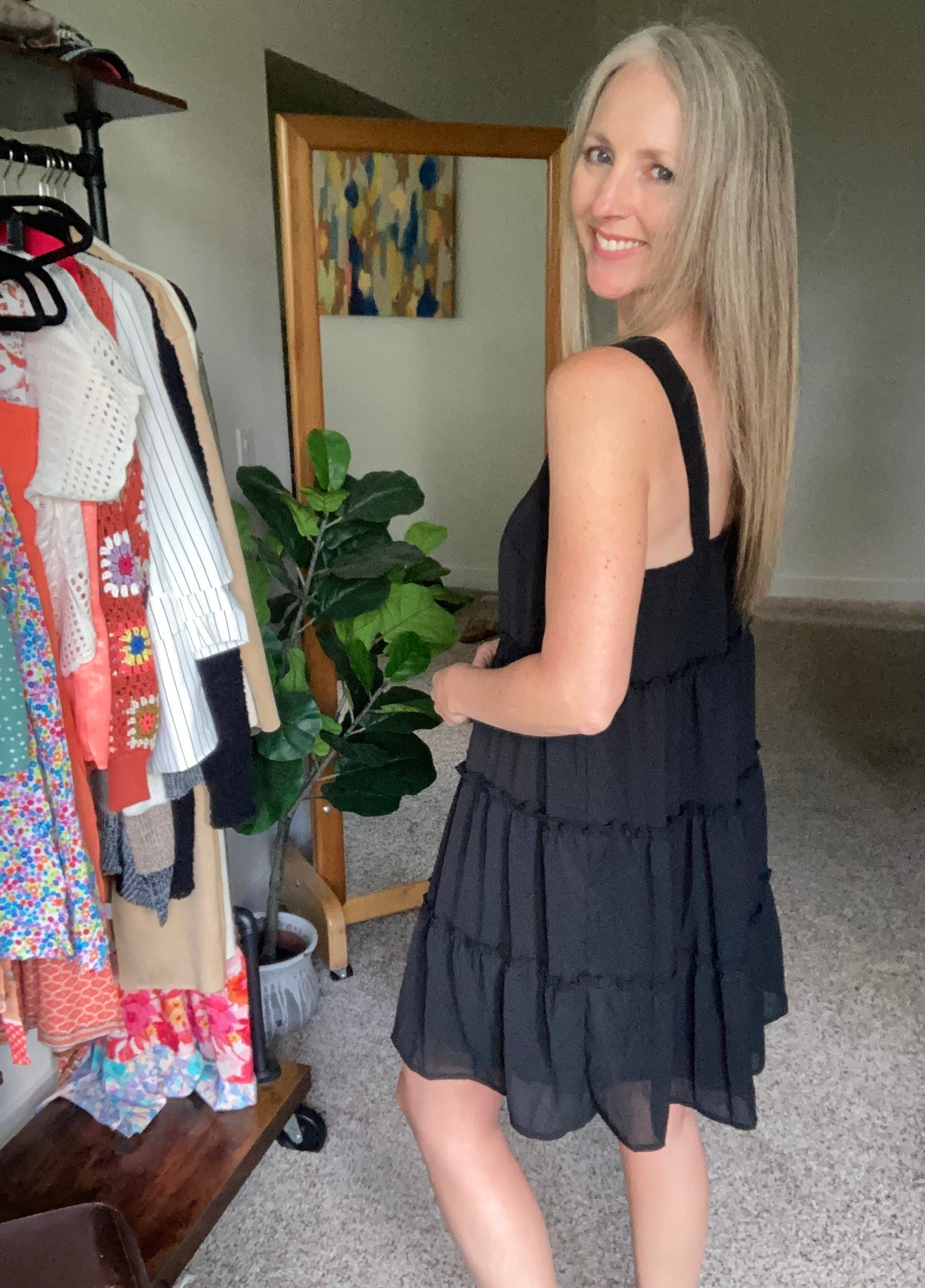 Tiered Chiffon Swing Dress in Black