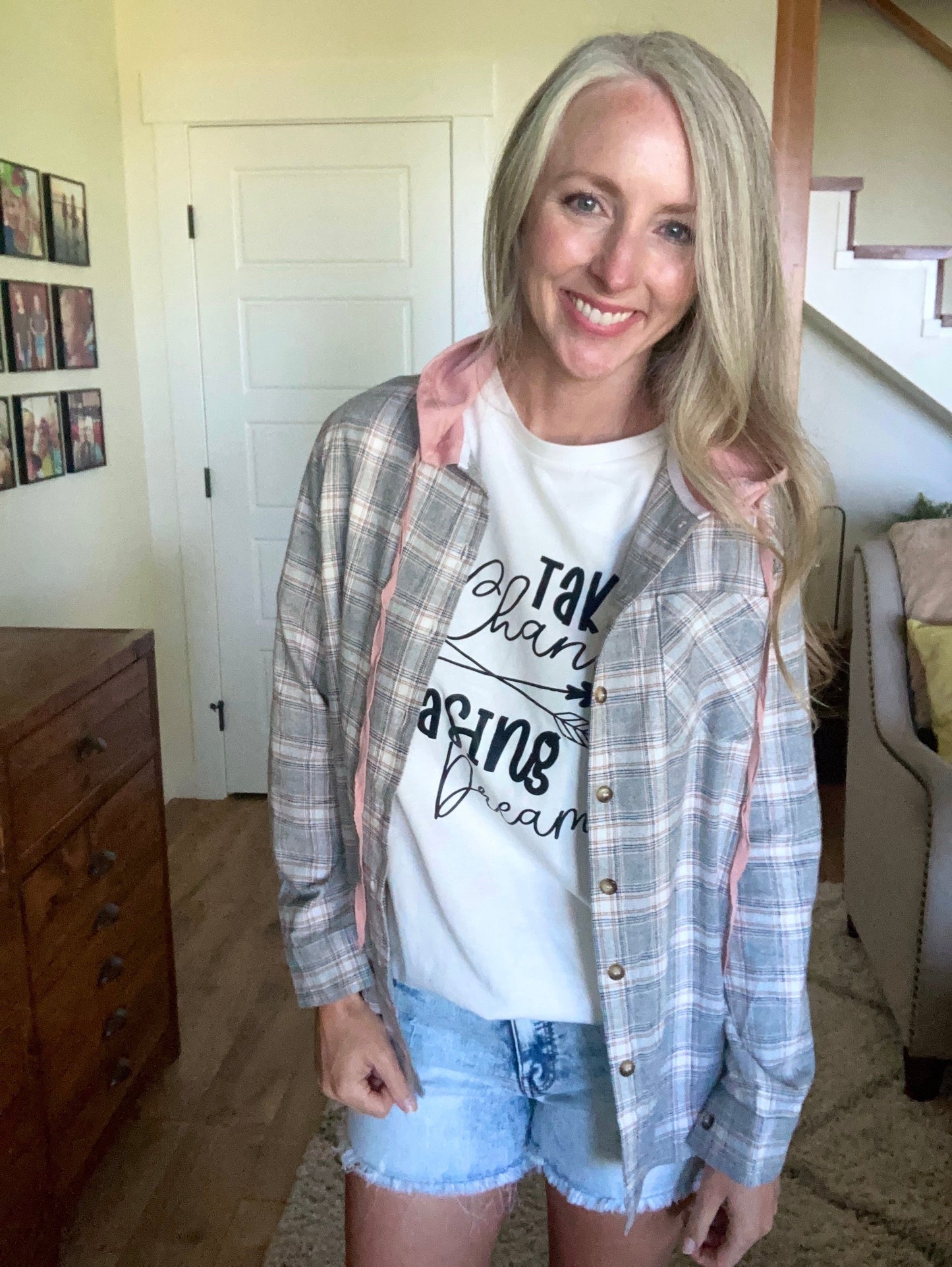 Plaid Hooded Button Down Top