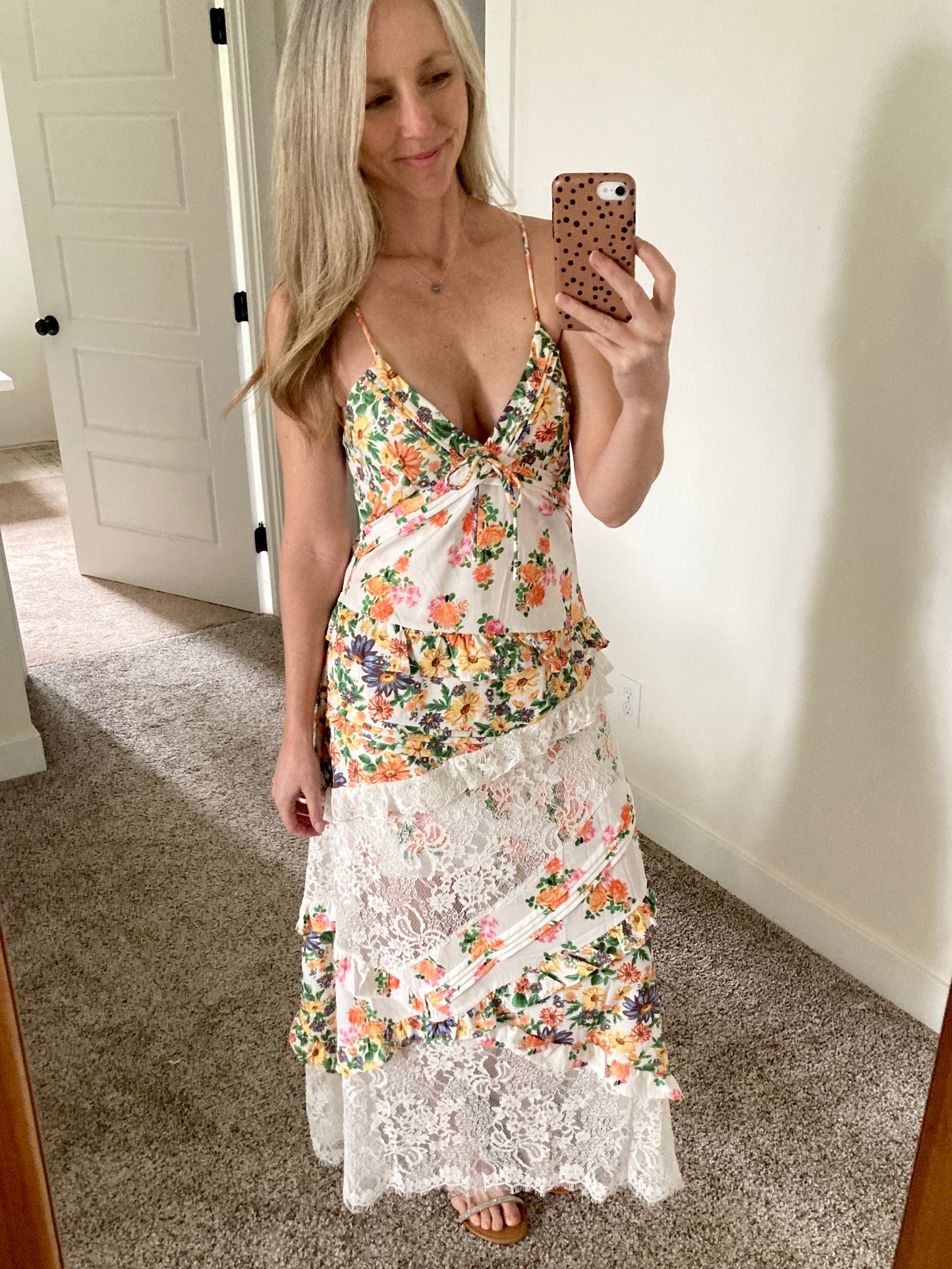 Lace Detail Asymmetrical Ruffled Floral Maxi Dress - 5 Color Options
