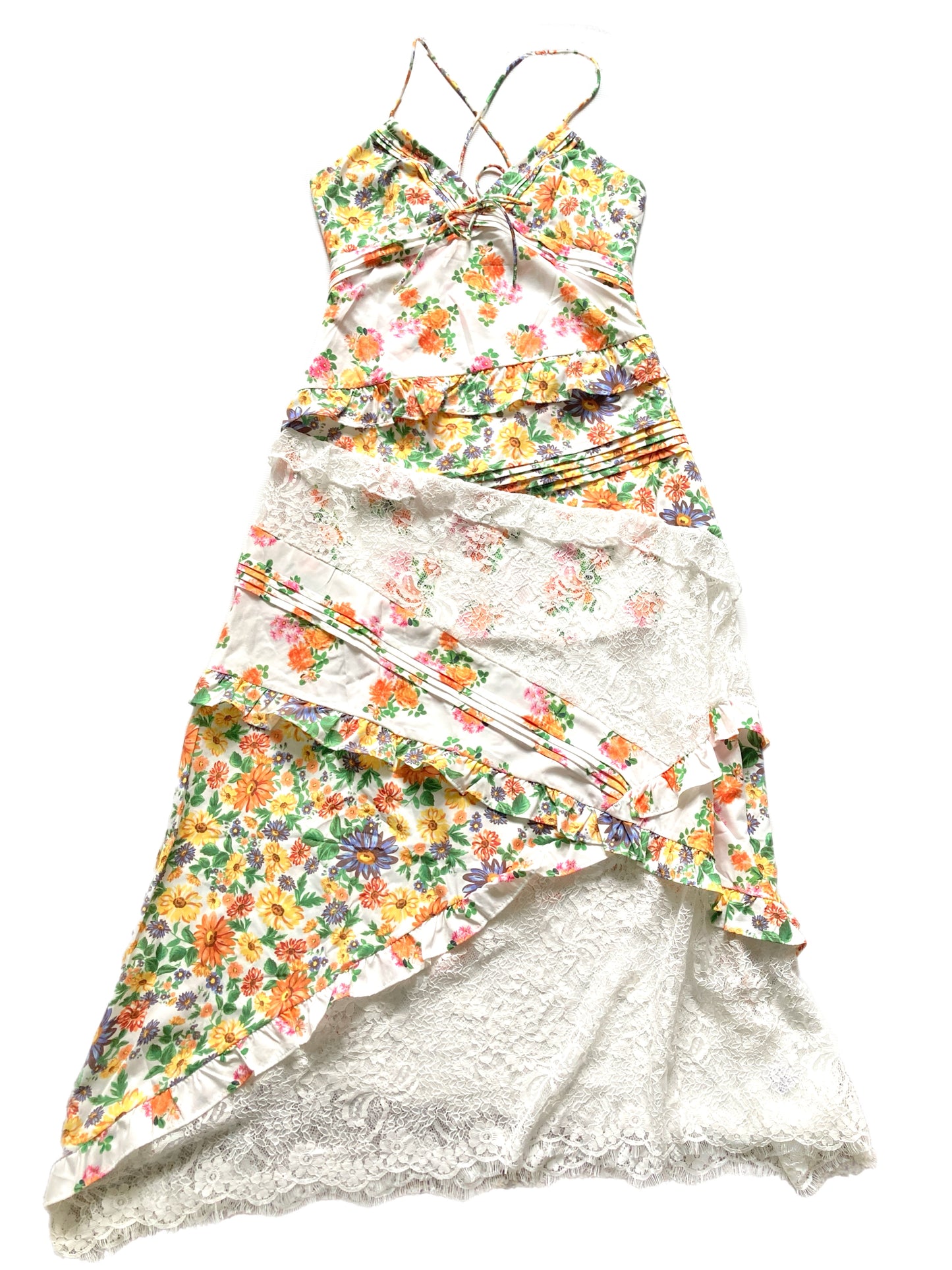 Lace Detail Asymmetrical Ruffled Floral Maxi Dress - 5 Color Options