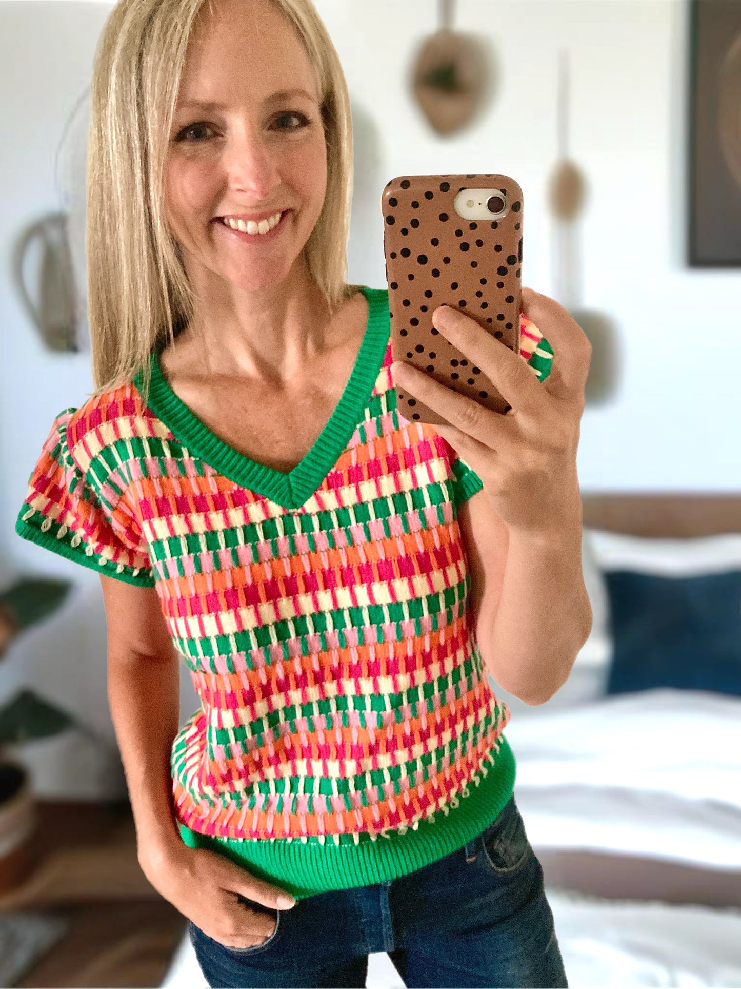 Candy Concoction Cap Sleeve Knit Top in Multi Green