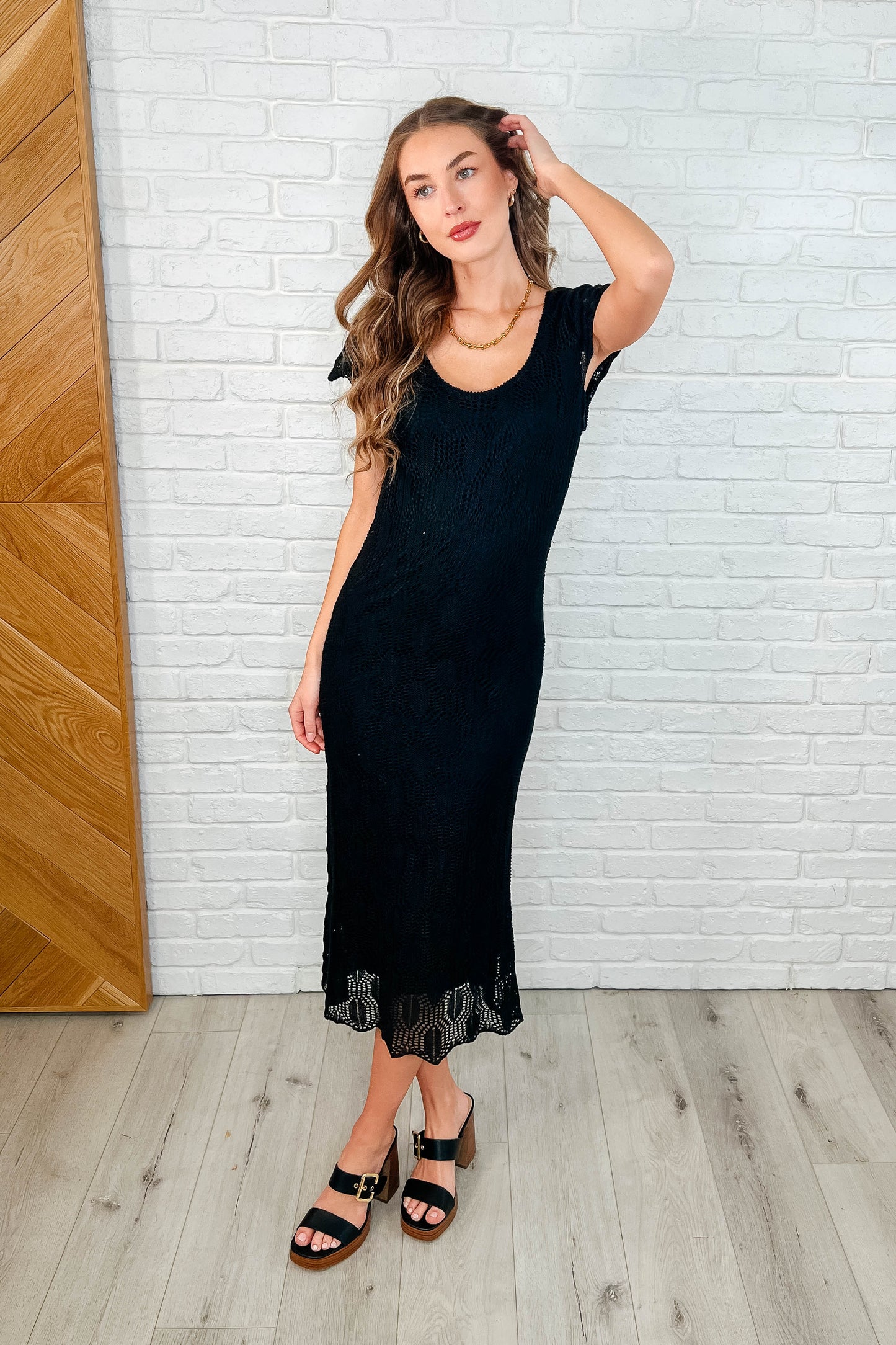 On the Town Lace Scoop Neck Knit Dress in Black