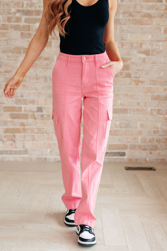 Judy Blue 31.5" Peggy High Rise Cargo Straight Jeans in Pink