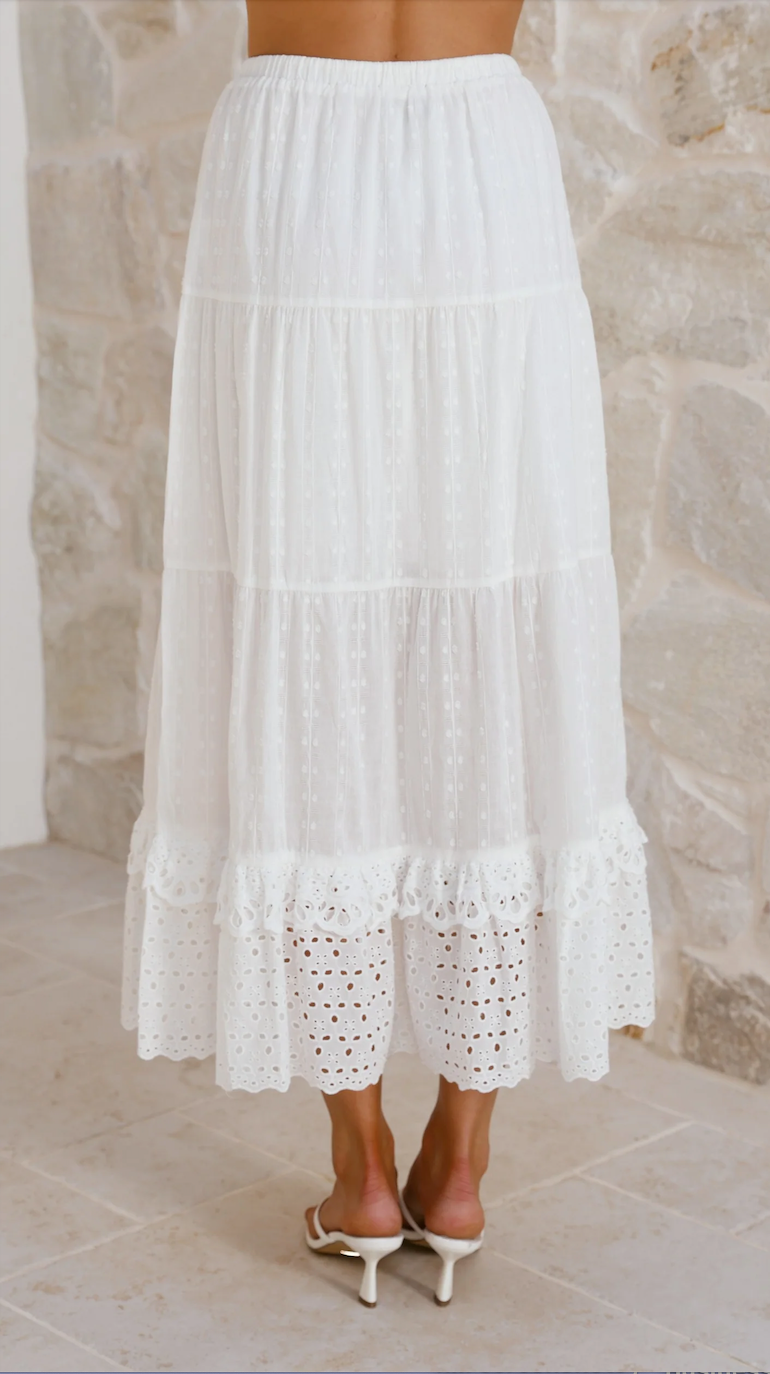 Eyelet V-Neck Cami and Skirt Set in White