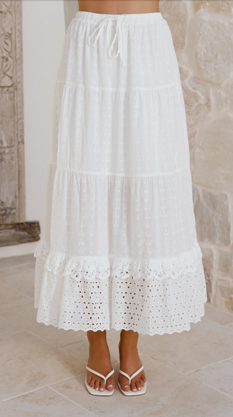 Eyelet V-Neck Cami and Skirt Set in White
