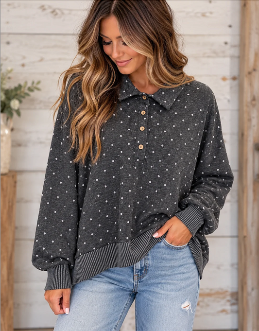Cozy Dots and Button Stops Pullover
