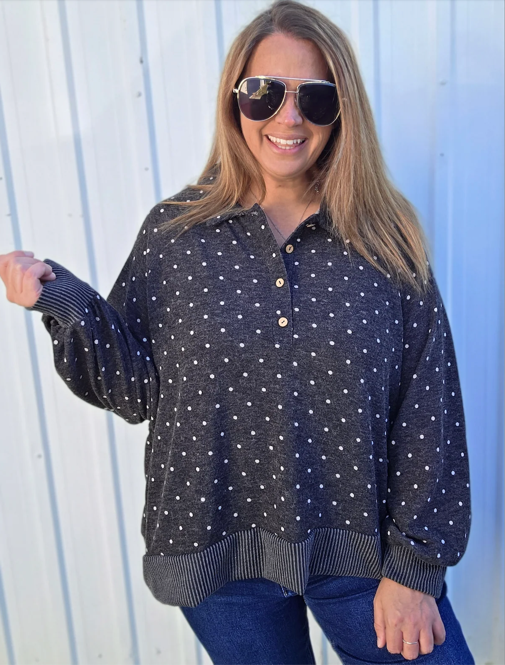 Cozy Dots and Button Stops Pullover