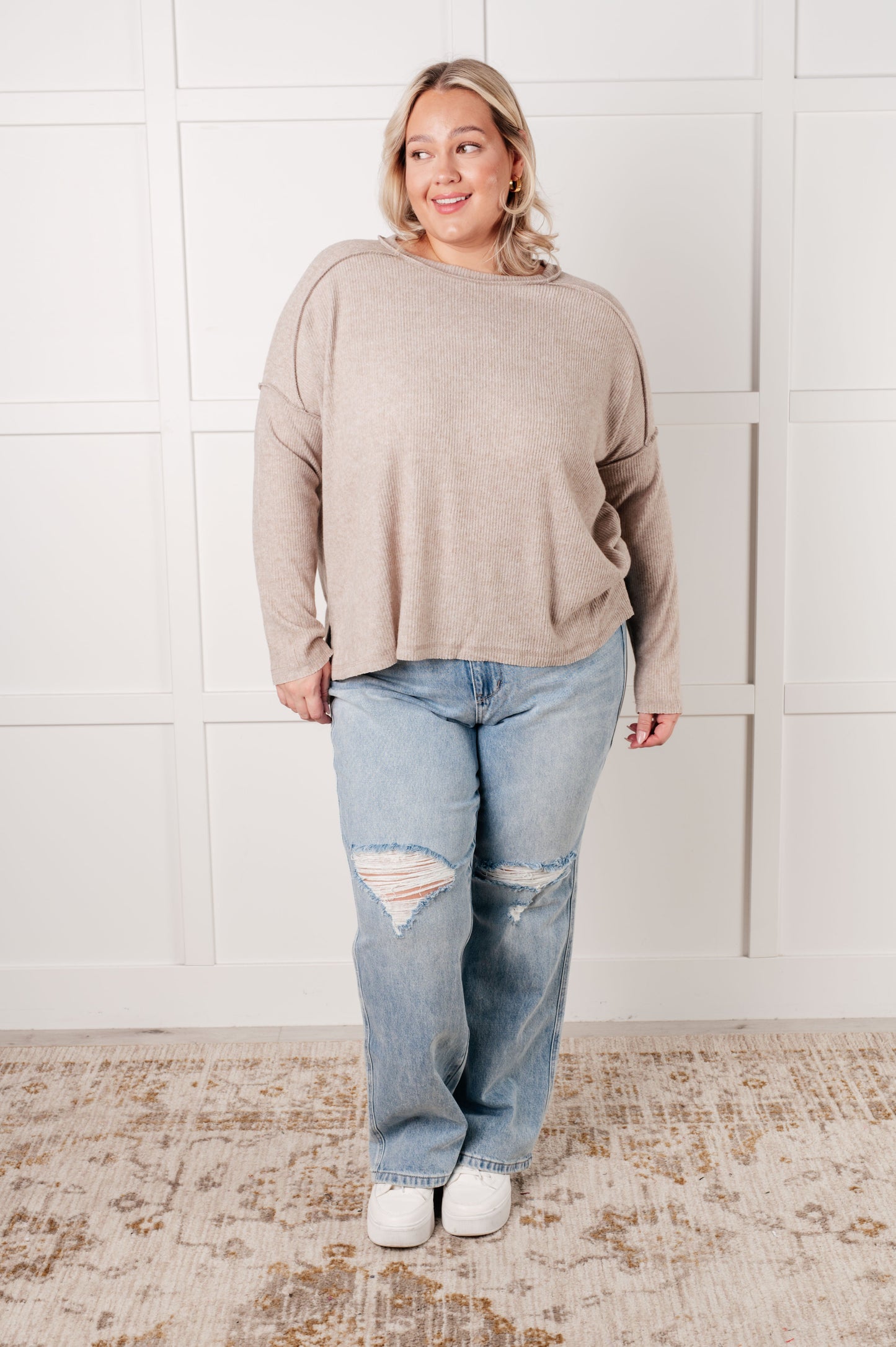 Simply Basic Ribbed Hacci Sweater in Almond