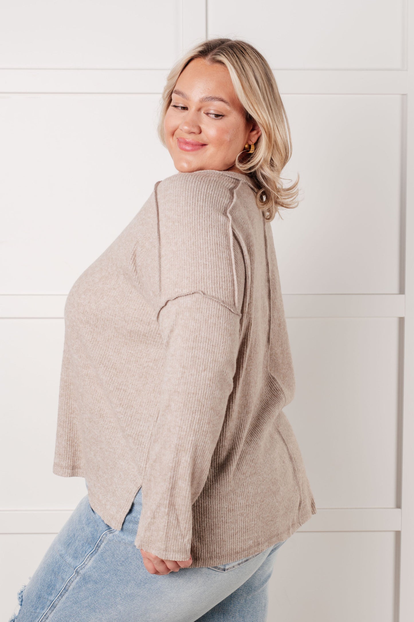 Simply Basic Ribbed Hacci Sweater in Almond