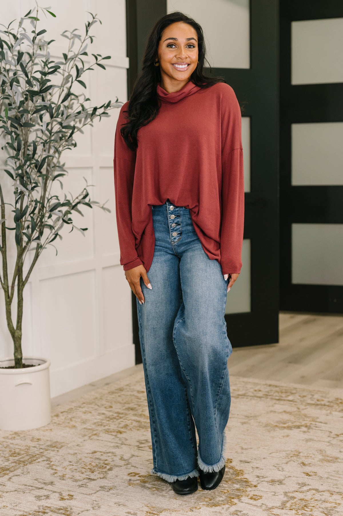 Travel Destination Cowl Neck Pullover in Wine