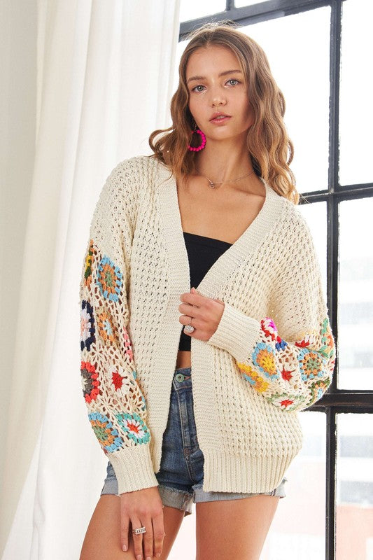 Boho Crochet Long Sleeve Cardigan in Ivory