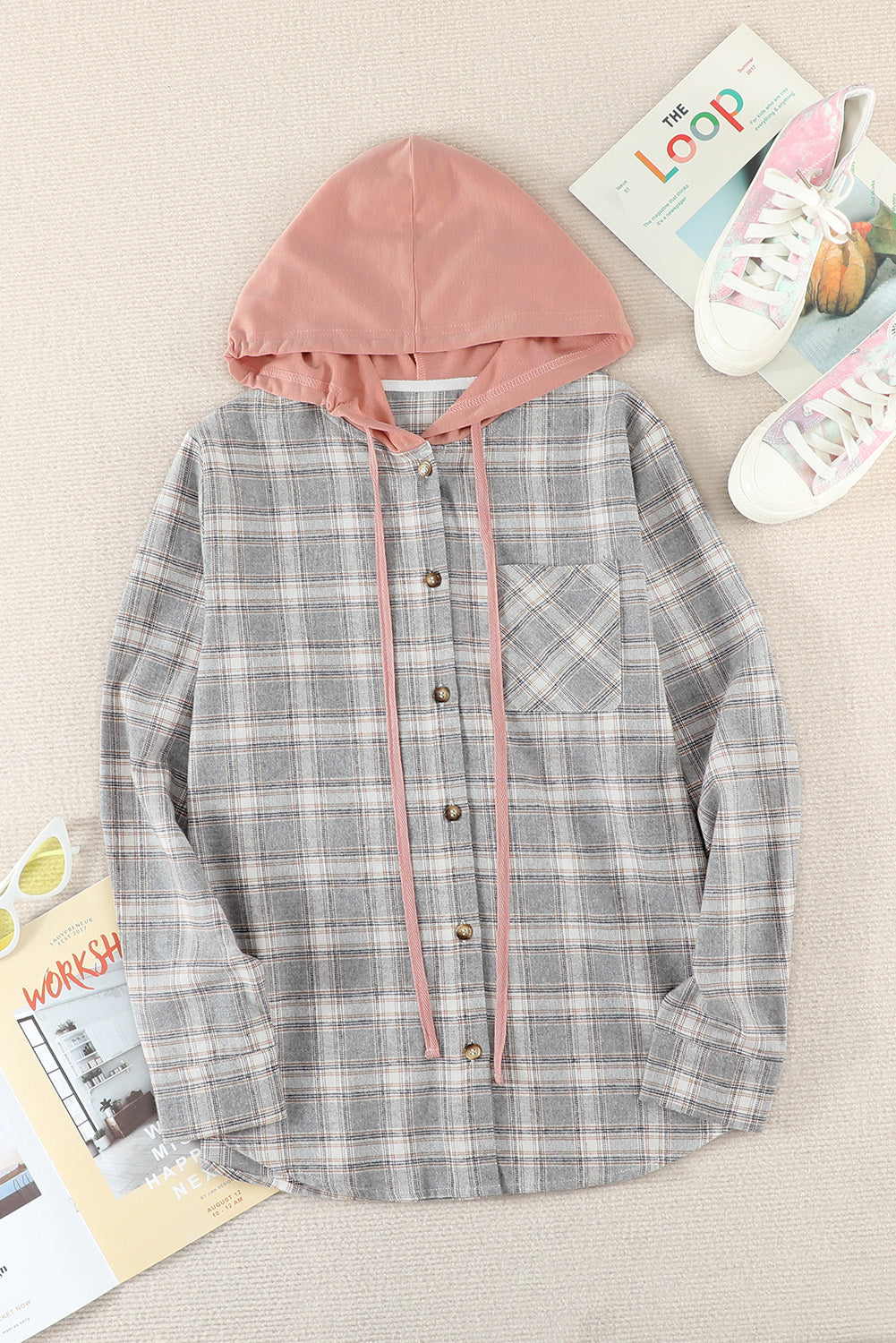 Plaid Hooded Button Down Top