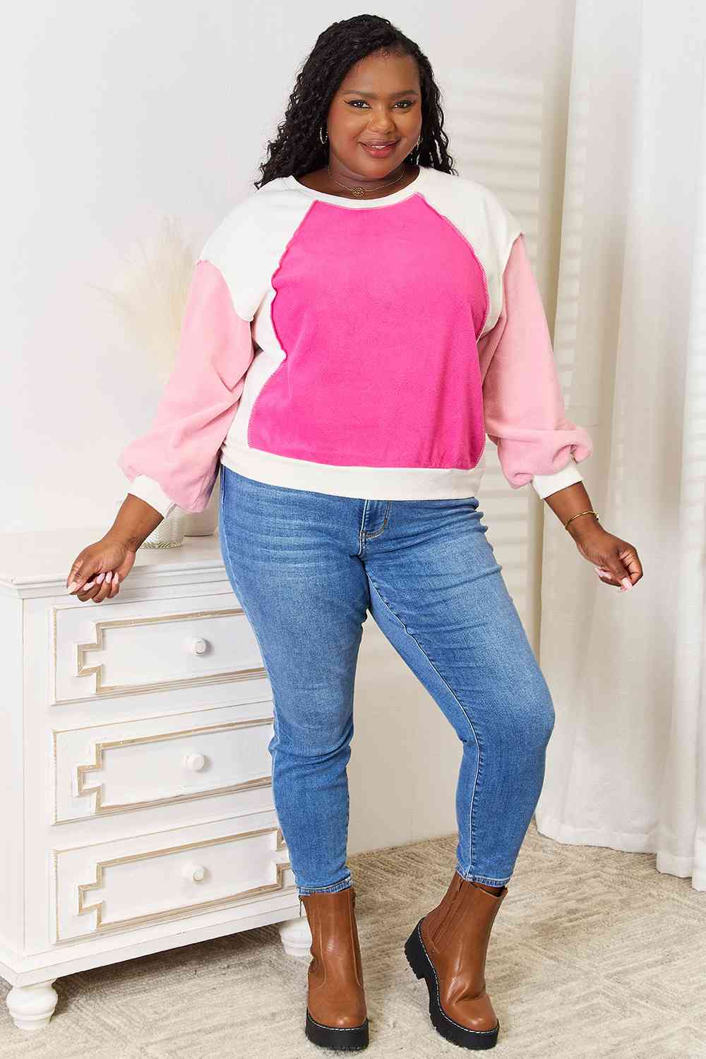 Exposed Seams Color Block Sweatshirt in Pink
