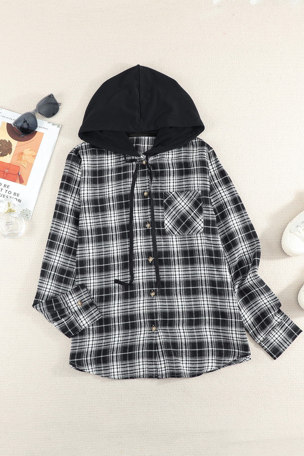 Plaid Hooded Button Down Top