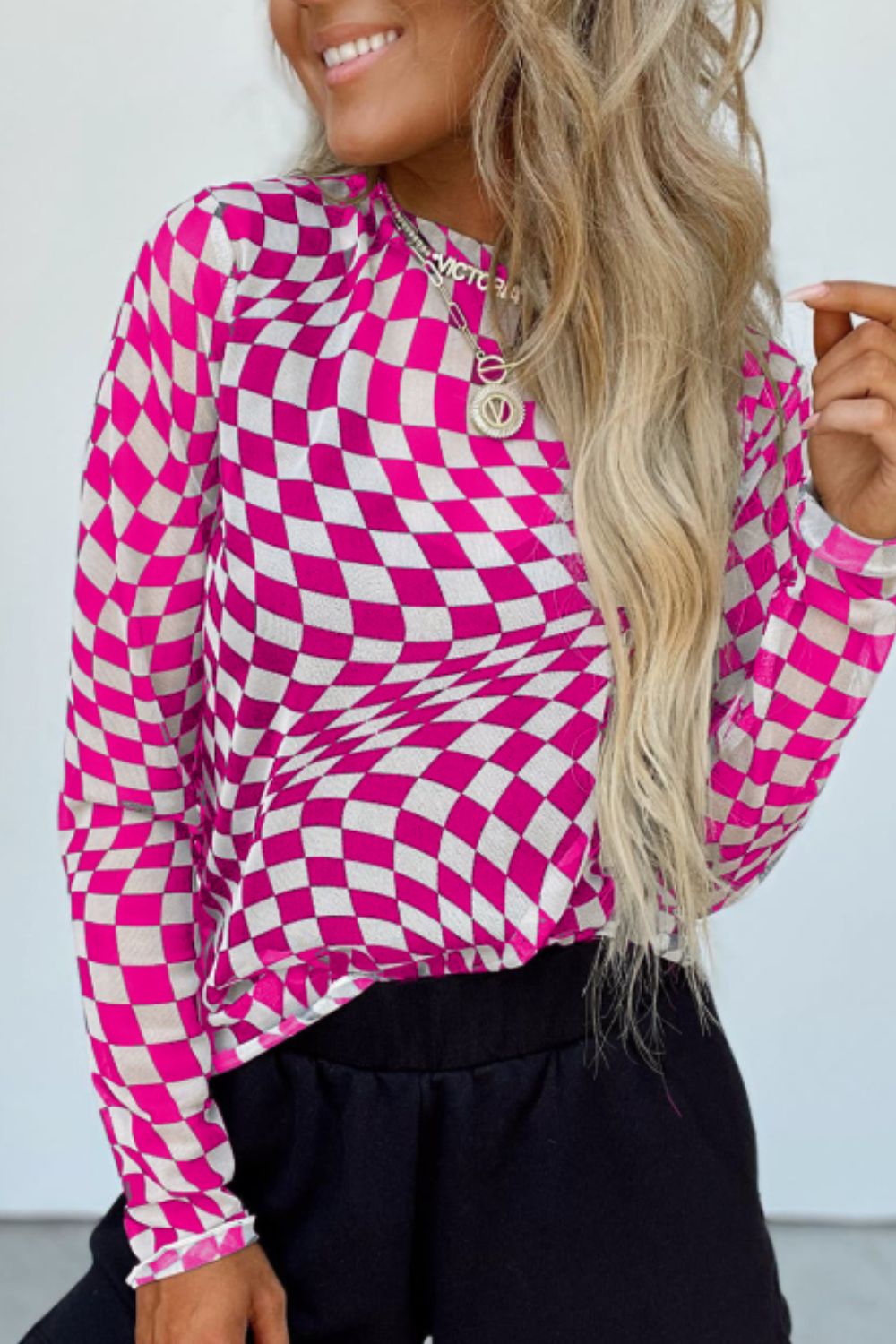 Checkered Mesh Mock Neck Top - 3 Color Options
