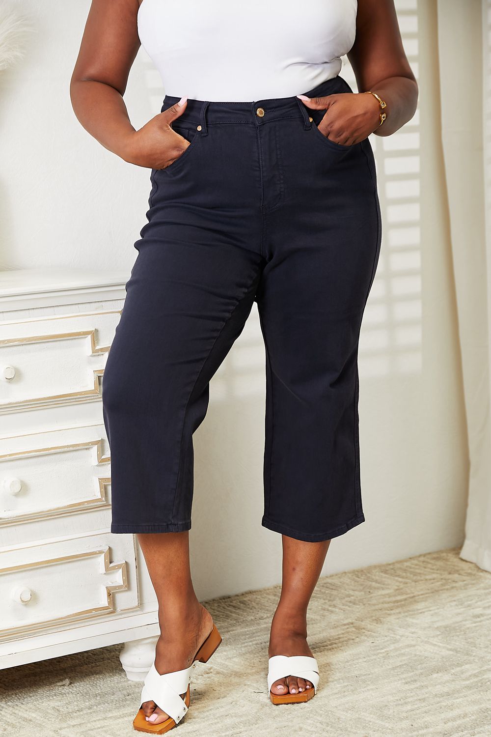 Judy Blue Tummy Control Wide Cropped Jeans - Indigo