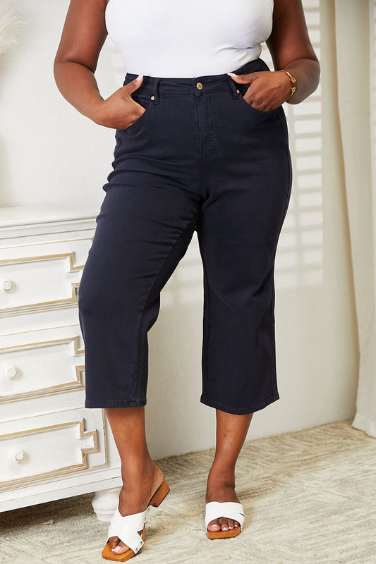 Judy Blue Tummy Control Wide Cropped Jeans - Indigo