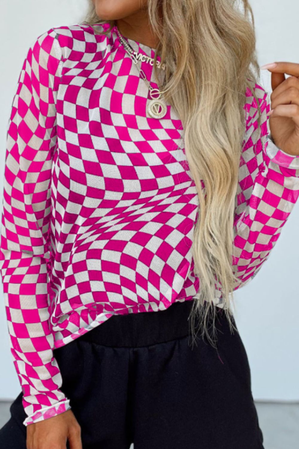 Checkered Mesh Mock Neck Top - 3 Color Options