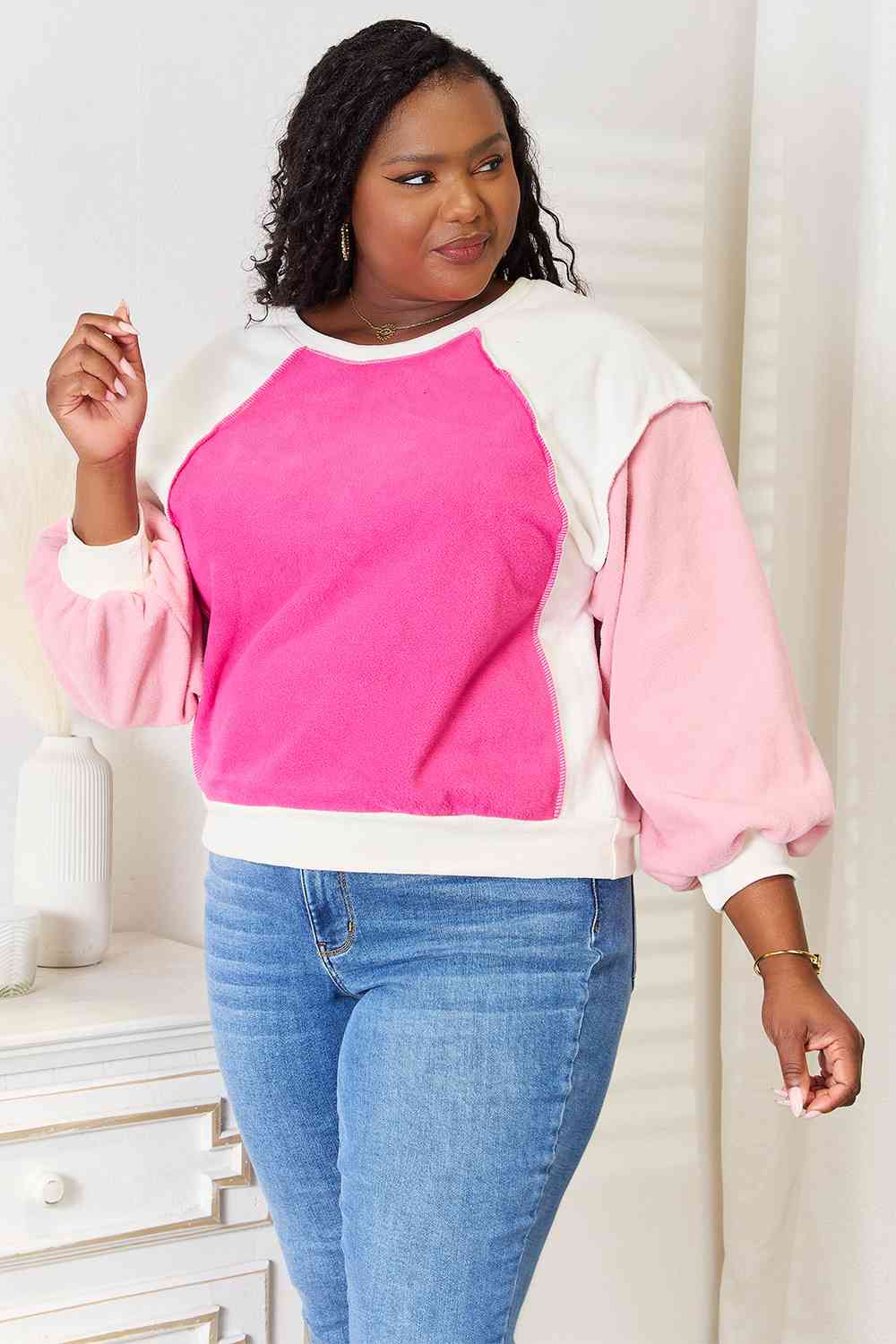 Exposed Seams Color Block Sweatshirt in Pink