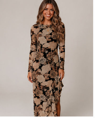 Floral Long Sleeve Asymmetric Ruffle Split Hem Mesh Dress