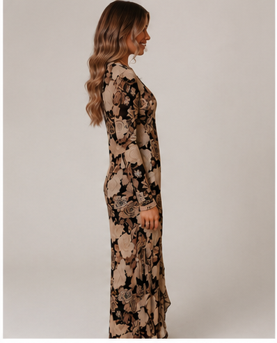 Floral Long Sleeve Asymmetric Ruffle Split Hem Mesh Dress