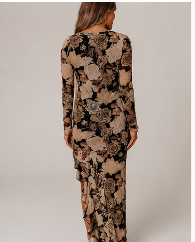Floral Long Sleeve Asymmetric Ruffle Split Hem Mesh Dress