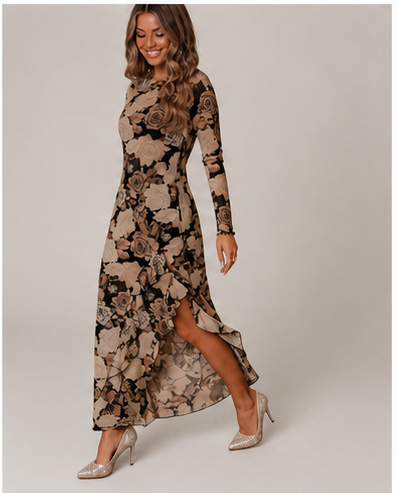 Floral Long Sleeve Asymmetric Ruffle Split Hem Mesh Dress