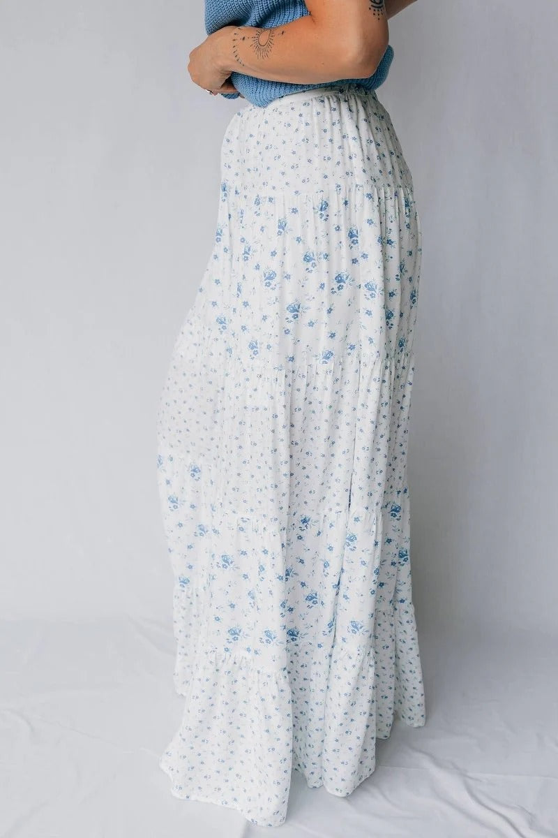 Blue Floral Boho Tiered Skirt