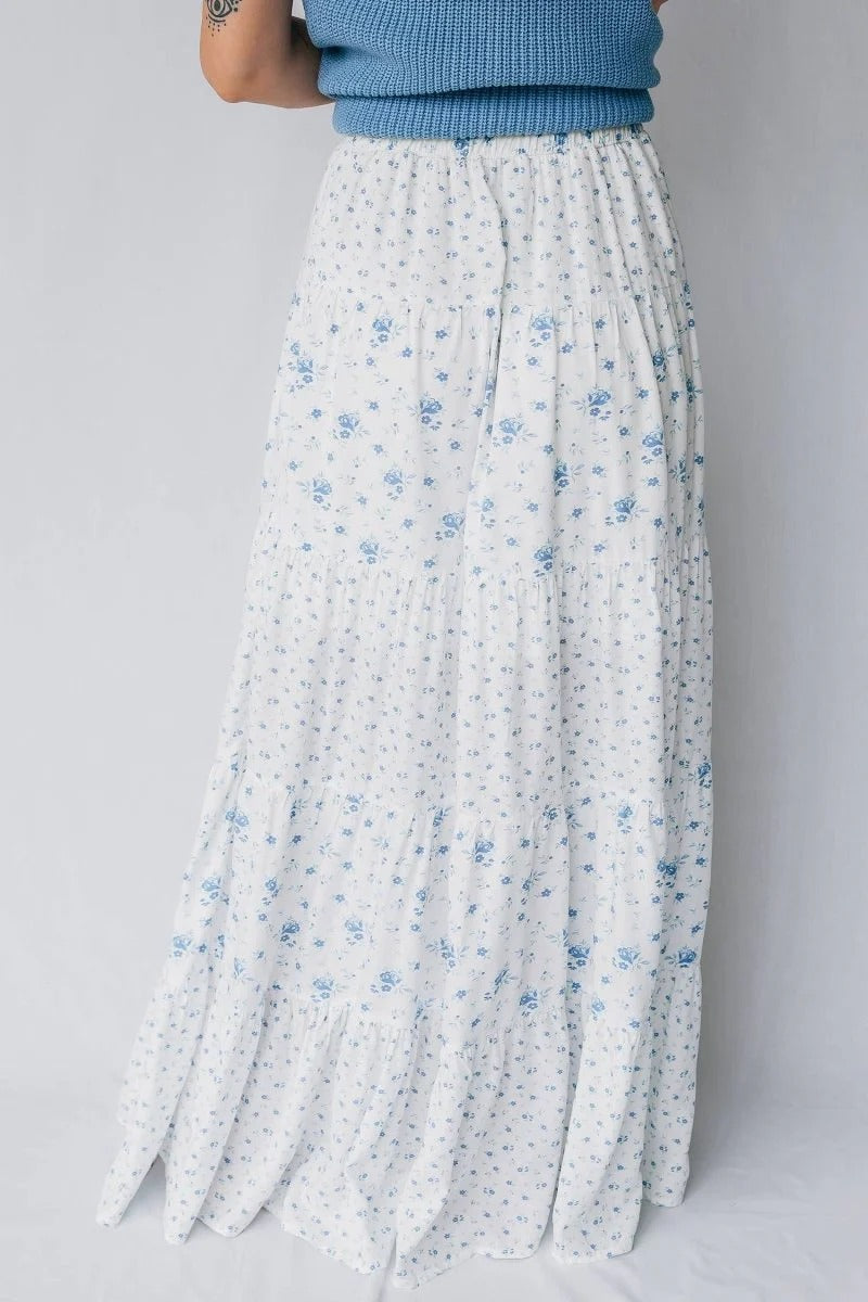 Blue Floral Boho Tiered Skirt