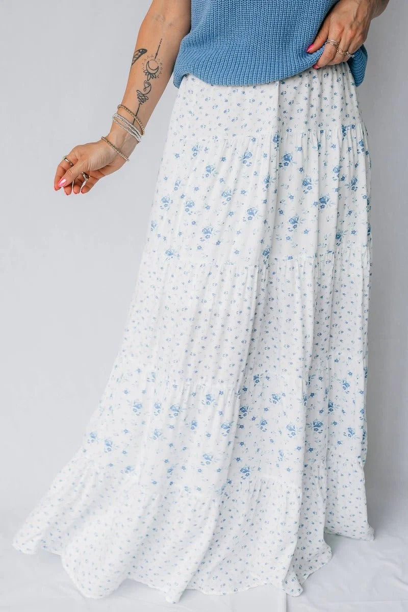Blue Floral Boho Tiered Skirt