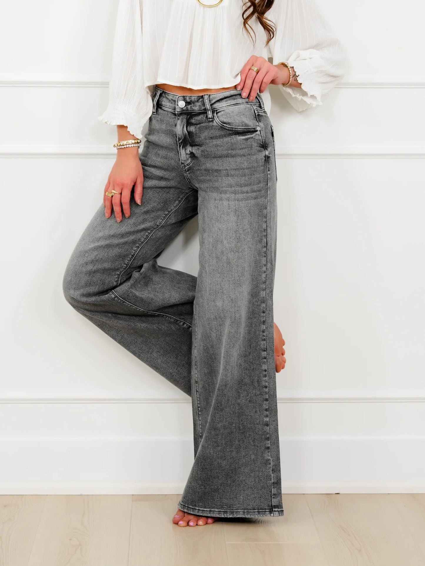 Judy Blue Mid Rise Palazzo Split Back Yoke in Gray