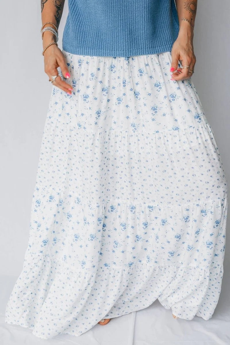 Blue Floral Boho Tiered Skirt