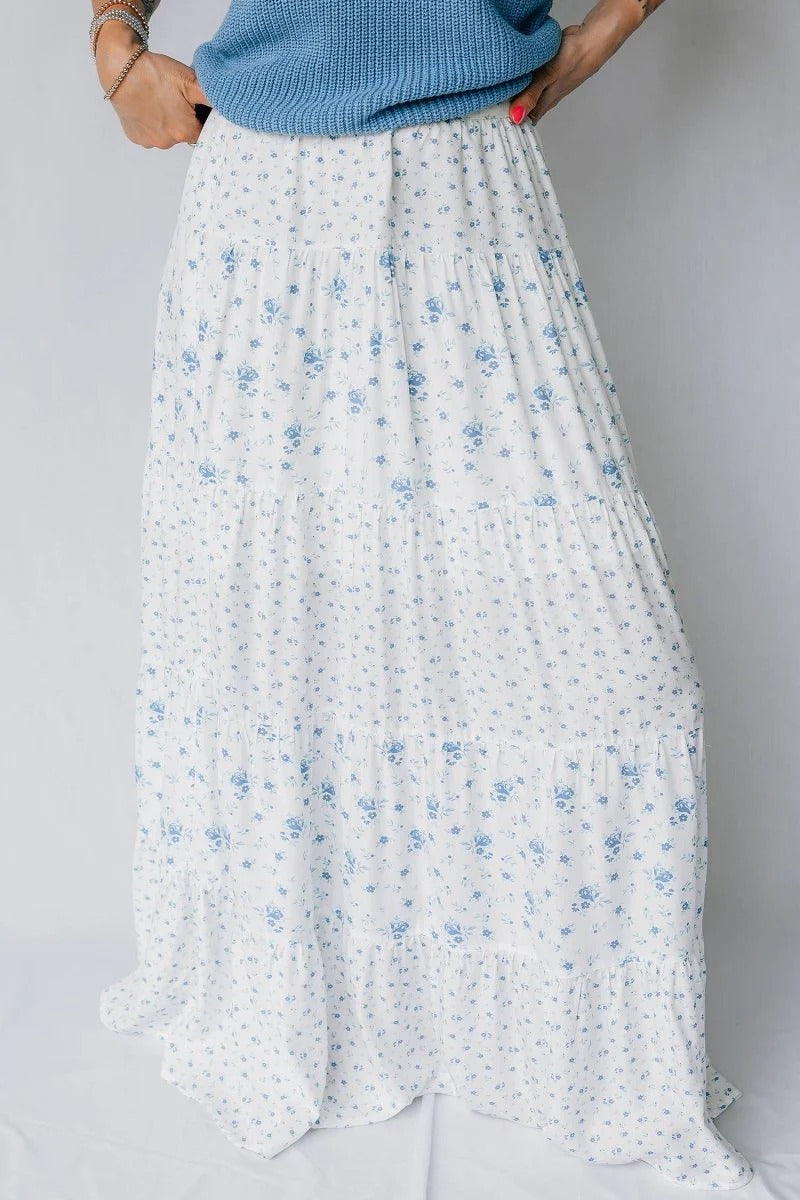 Blue Floral Boho Tiered Skirt