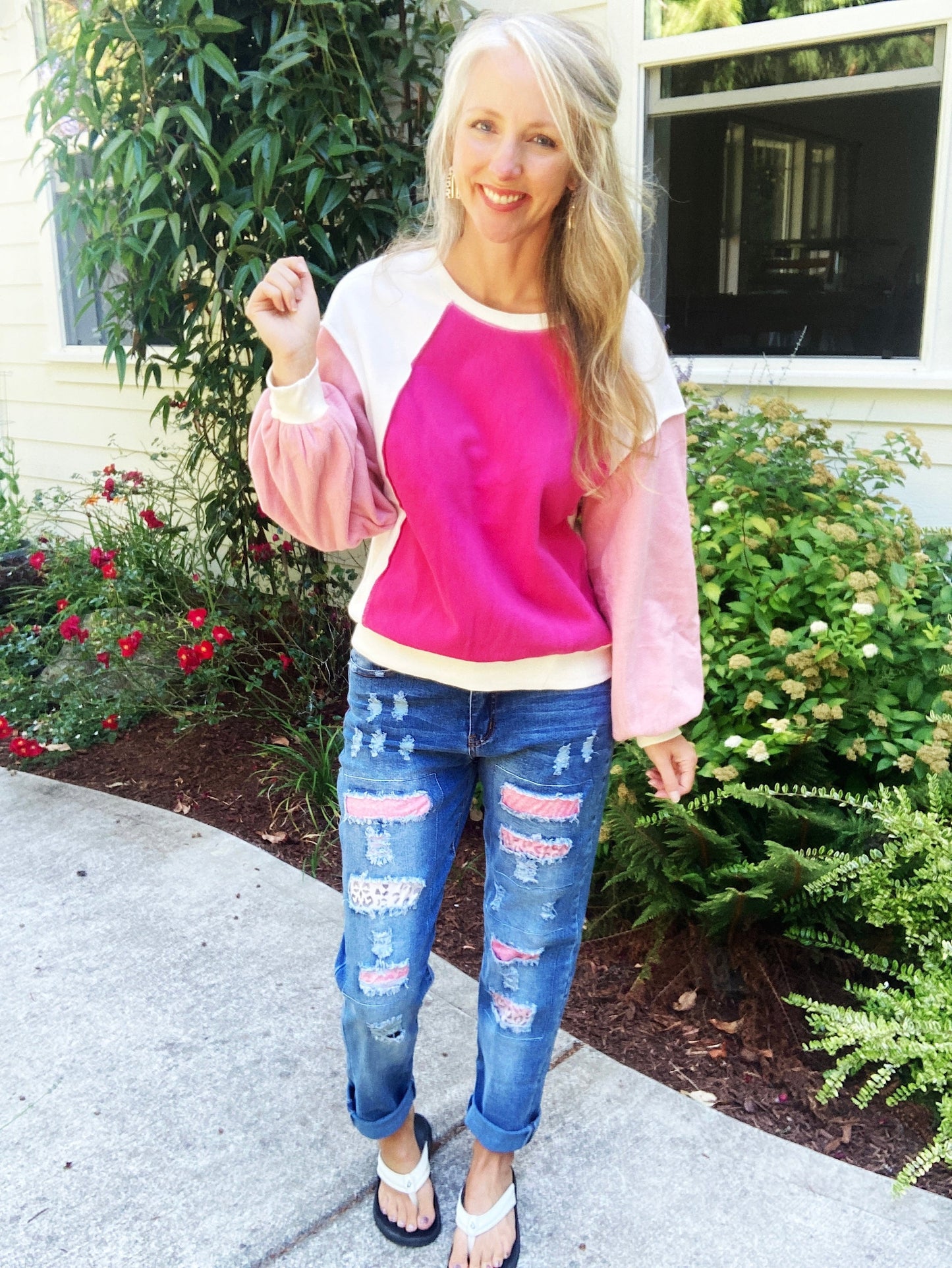 Exposed Seams Color Block Sweatshirt in Pink
