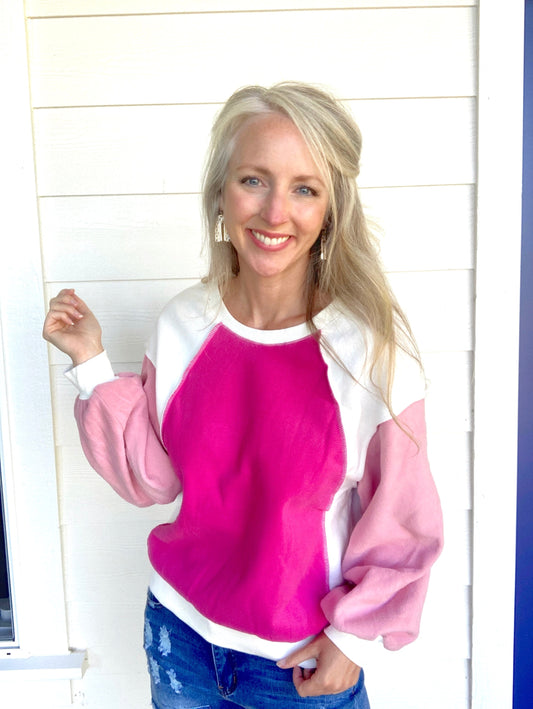 Exposed Seams Color Block Sweatshirt in Pink